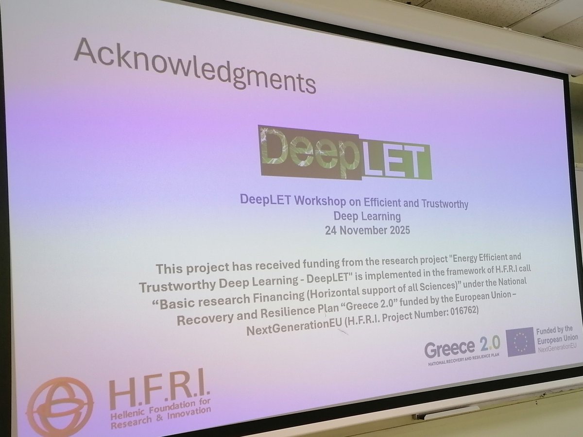 DeepletProject's tweet image. Dimitris Spanos, DeepLET researcher &amp;amp; PhD student on the Deep Learning sector, is now presenting &quot;Efficient and Trustworthy Deep Learning&quot; in our ongoing workshop!
Implementation by 𝘏𝘍𝘙𝘐-𝘗𝘳𝘰𝘫𝘦𝘤𝘵 𝘯𝘶𝘮𝘣𝘦𝘳: 16762 
#hfri #eu #elidek #nextgenerationeu #greece2_0 #ai