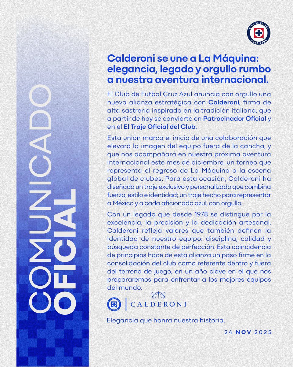 Unimos fuerza, historia y elegancia. 🧵

💙🚂 <a href="/CalderoniMexico/">Calderoni</a> será el Traje Oficial de Cruz Azul para nuestro camino internacional. 

#CruzAzulXCalderoni #EleganzaEterna