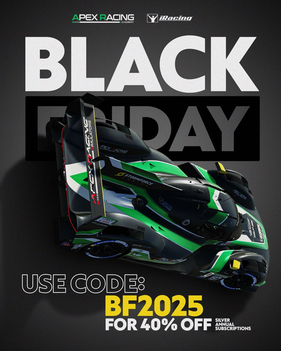 apexracingac's tweet photo. Get 12 months for the price of 6 with our Black Friday Deal! 🛒

Use code: 'BF2025' to get 40% off Annual Silver
Use code: 'BFGOLD2025' to get 25% off Annual Gold

🔗 https://t.co/X25OsBYH4I https://t.co/5WHTg9gRhp