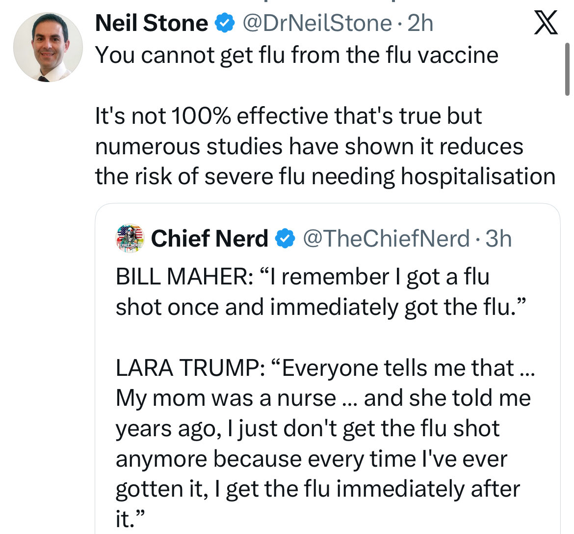susanbordson's tweet image. A news &amp;amp; media literacy lesson:

One&apos;s degree of celebrity or notoriety is NOT a reliable metric to use in discerning the accuracy of their comments or their content

In this case, @billmaher is not a good source regarding the efficacy of vaccinations or infectious diseases