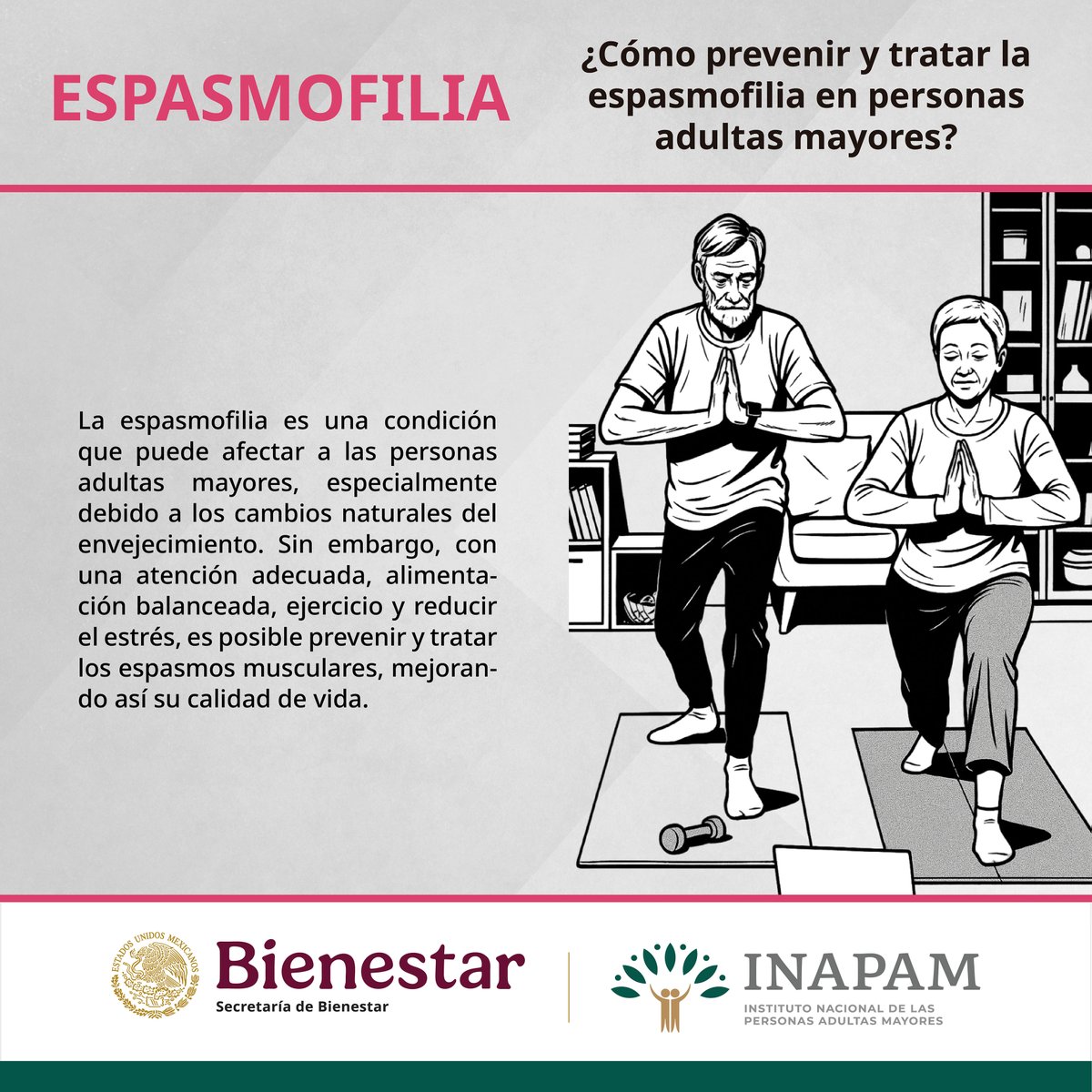 INAPAM's tweet image. #SabíasQué se puede #Prevenir la #Espasmofilia en #PersonasAdultasMayores 
🥦 Alimentación rica en calcio y magnesio.
🚶‍♂️ Ejercicio suave y regular.
💧 Buena hidratación.
🧘‍♀️ Técnicas de relajación y control del estrés.
💊 Revisión médica y control de medicamentos.
#SaludMuscular