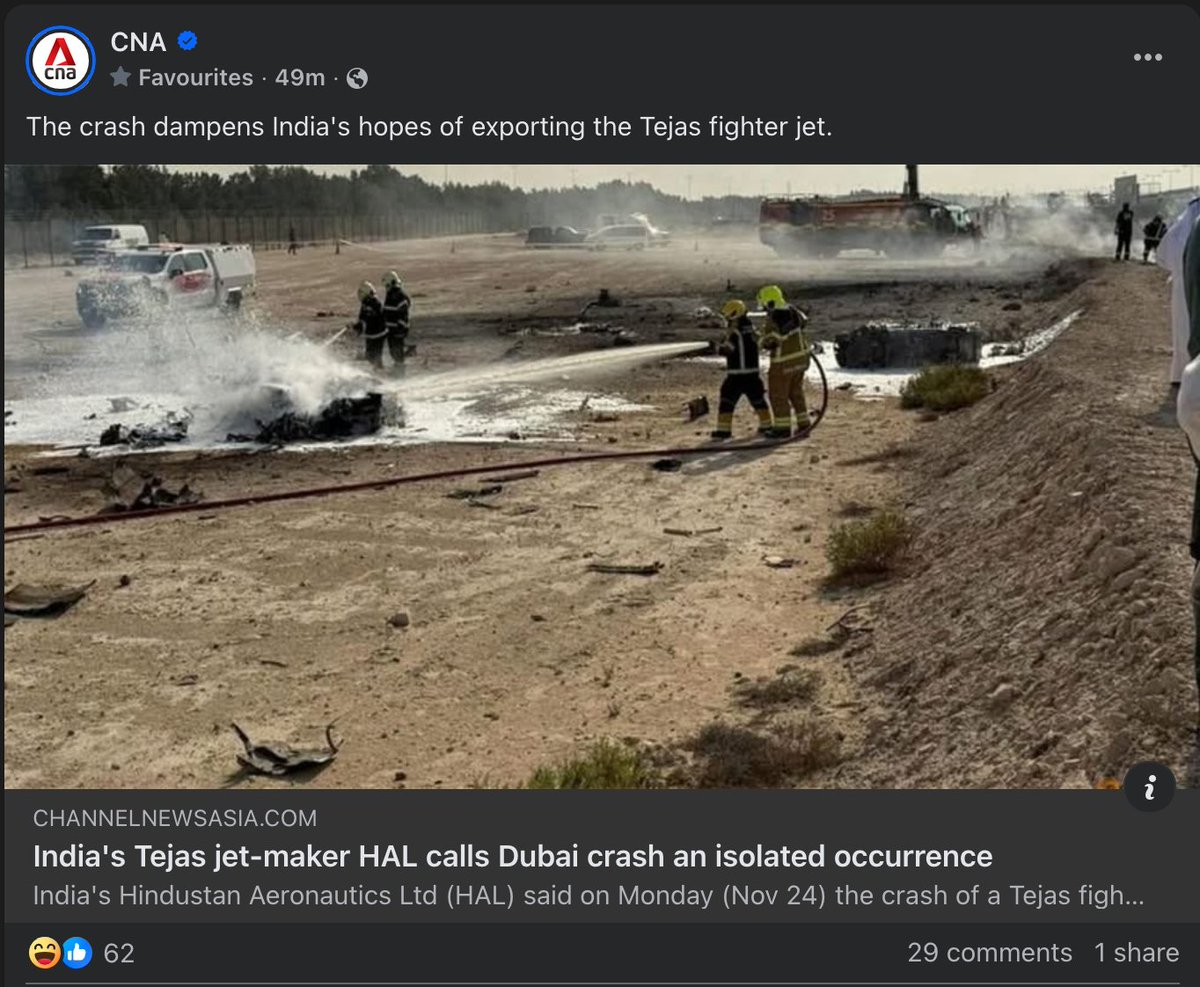 aravind's tweet image. Singapore state media, aptly named &quot;China News Asia&quot; by many for their pro-China propaganda mocks the Tejas and says &quot;Crash dampens India&apos;s hopes of exporting the Tejas.&quot; The racist comments about curry and smell in comments are another level.