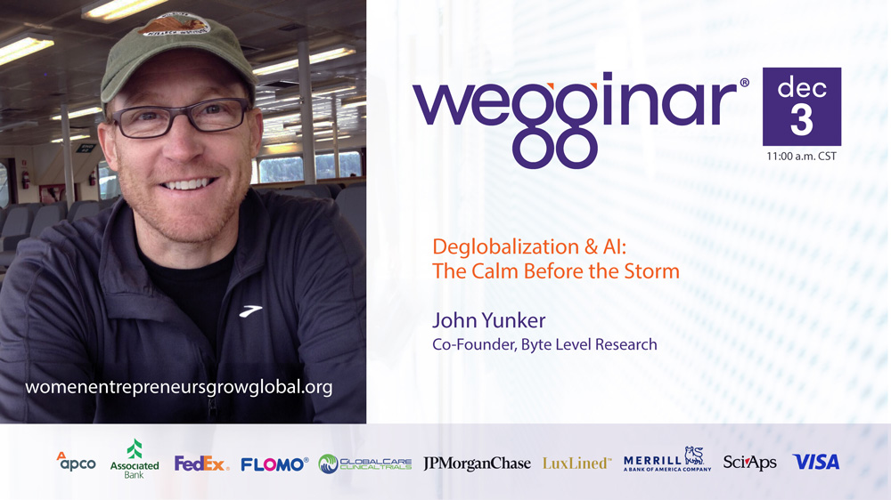 LaurelDelaney's tweet image. Can&apos;t wait!  You, too?  Register for 12/3 #wegginr at 11 AM CT with @johnyunker @bytelevel
– the expert in #webglobalization and this time he discusses:  &quot;Deglobalization &amp;amp; AI:  The Calm Before the Storm&quot; - bit.ly/48cXHlt (n/c thanks to sponsors)
@weggtoday