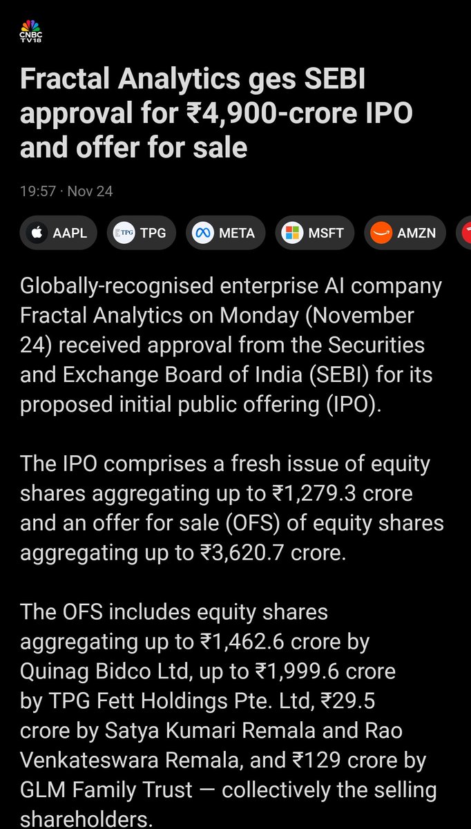 tejas485585's tweet image. 🎉 #FractalAnalytics, a leading enterprise Artificial Intelligence (AI) and data analytics company, gets SEBI approval for a ₹4,900-crore IPO (₹1,279.3 Cr fresh issue + ₹3,620.7 Cr OFS), with major sellers including TPG and Quinag Bidco Ltd. 📈🤖
#StockMarket
