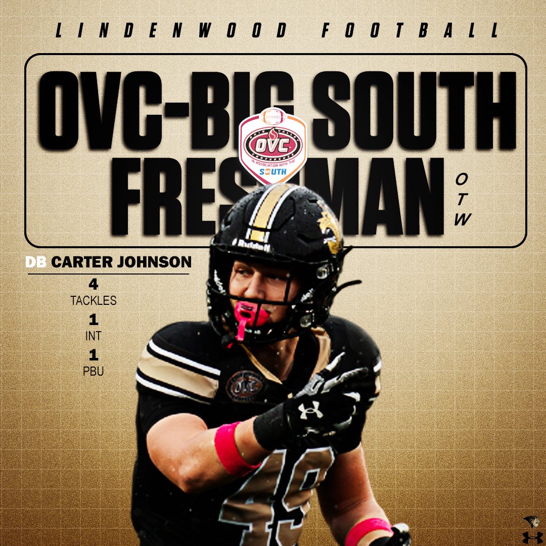 Carter Johnson of the <a href="/LindenwoodFB/">Lindenwood Football</a> 🦁🏈 team was named <a href="/OVCBigSouthFB/">OVC-Big South Football Association</a> Freshmen of the Week 

He picked up his first career interception in a win over SEMO on Saturday 

📕 | tinyurl.com/29a6z9rx

#TheHuntBegins