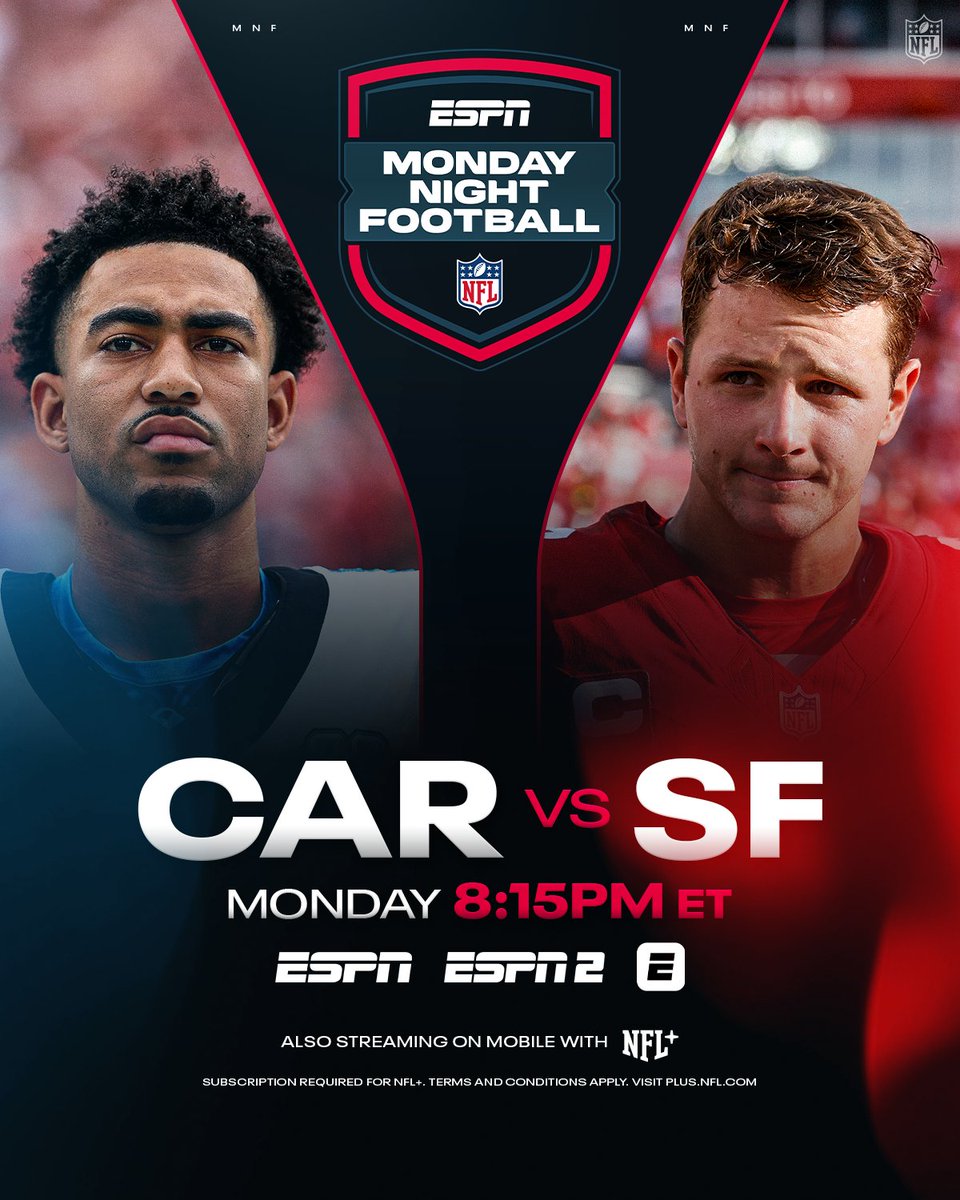NFL's tweet image. MNF showdown loading… 😤

CARvsSF on ESPN/ABC
Stream on @NFLPlus and ESPN App