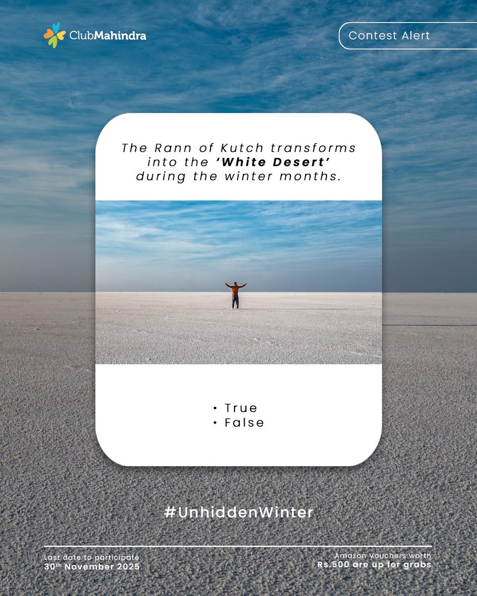 ❄️ #ContestAlert - Day 10 of 16
#UnhiddenWinter with #ClubMahindra

Get ready to enjoy the winter season with 16 exciting questions and a chance to win Amazon vouchers worth ₹500 each!

☃️ How to Participate:
1️⃣ Comment below with your answer using #UnhiddenWinters and