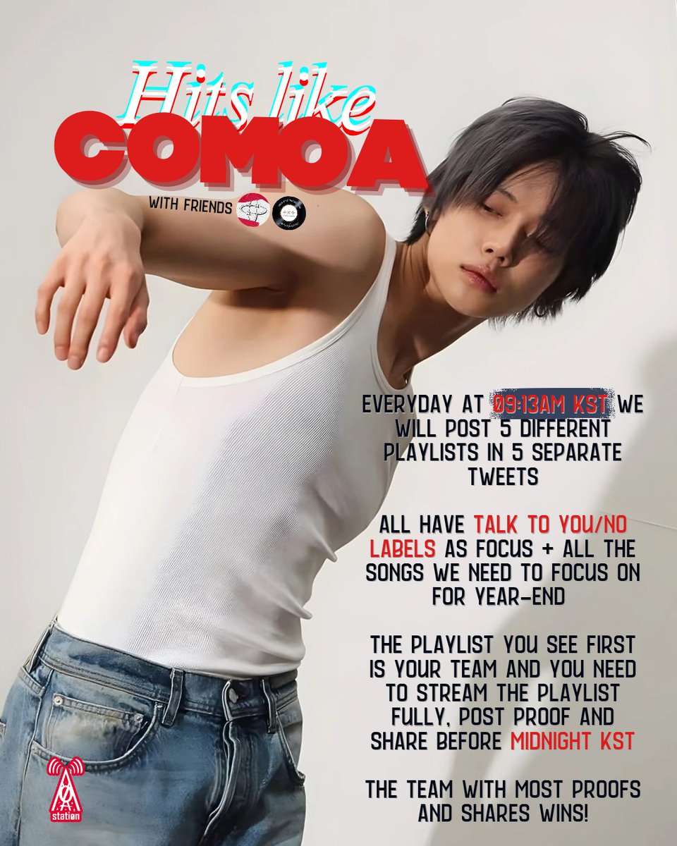 moa_station's tweet image. #HitsLikeCoMOA 3rd times a charm?  

At 9:13AM KST, we&apos;ll post 5 playlists separately, the 1st one you see on your tl is your team.

To win, you stream your pl, post SS proof, &amp;amp; share it before midnight kst

🎯: #TalkToYou + #NoLabels + Year End Goals

#YEONJUN #TXT