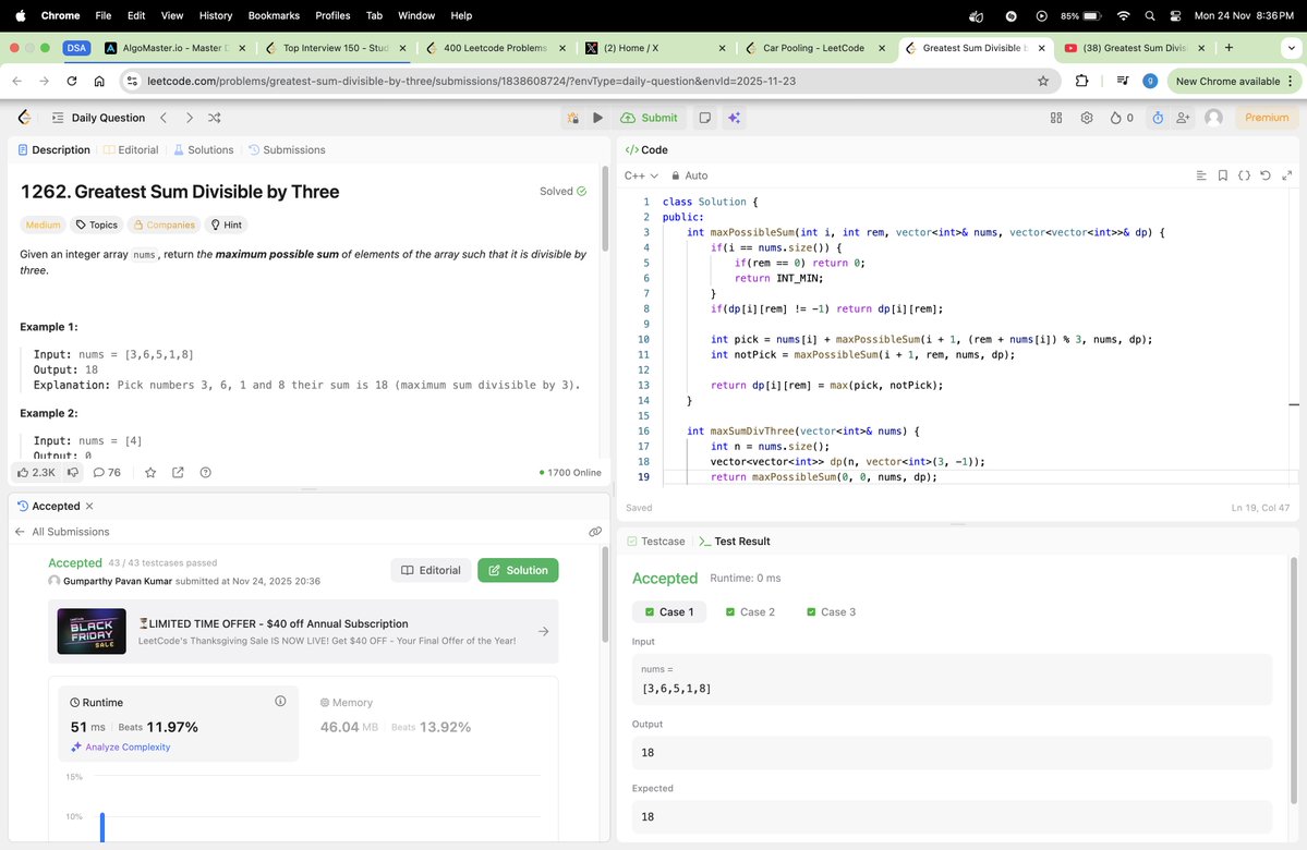 thehungertocode's tweet image. Hello Everyone 👋

Completed #Day693 of the #codeeveryday challenge.

Solved: Greatest Sum Divisible by Three

✅ T.C: O(n)
✅ S.C: O(n)

#consistencyiskey #buildinpublic #developer #Engineering #LeetCode