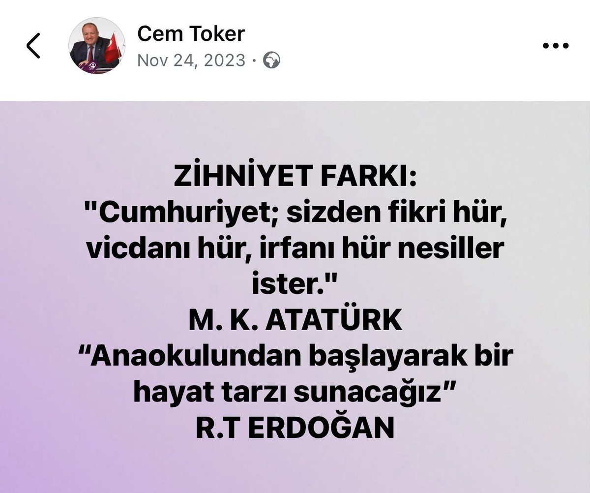 Zihniyet farkı…
Biri cumhuriyeti kuran iradenin eğitime bakış zihniyeti…
Diğeri “yeni bir devlet kuruyoruz” diyen iradenin eğitime bakış zihniyeti…

Hangi yoldan gidileceğine yüce Türk milletinin paşa keyfi bilir…
 #ÖğretmenlerGünü