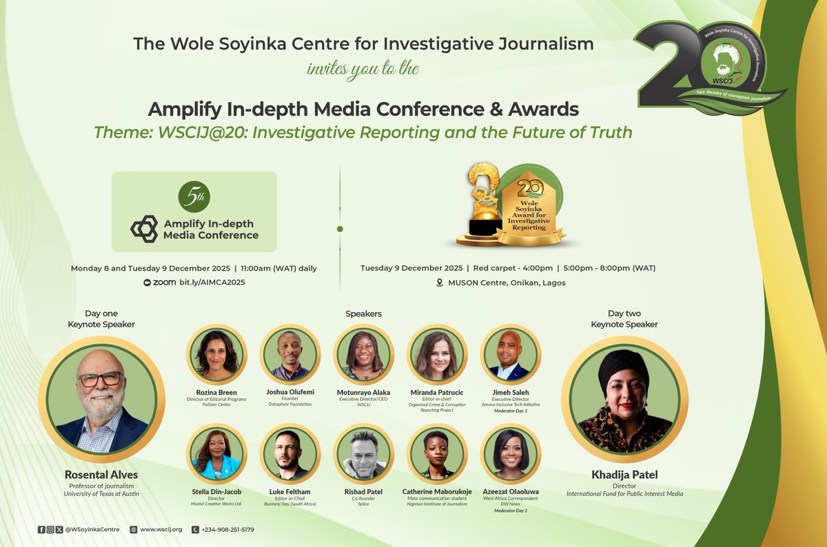 WSoyinkaCentre's tweet image. You are invited to our 5th Amplify In-depth Media Conference &amp;amp; Awards. Join us on 8–9 December 2025 for conversations that will shape the next decade of investigative journalism.

Register here: bit.ly/48dPxu2 

#AIMConference #2025WSAIR #WSCIJAT20