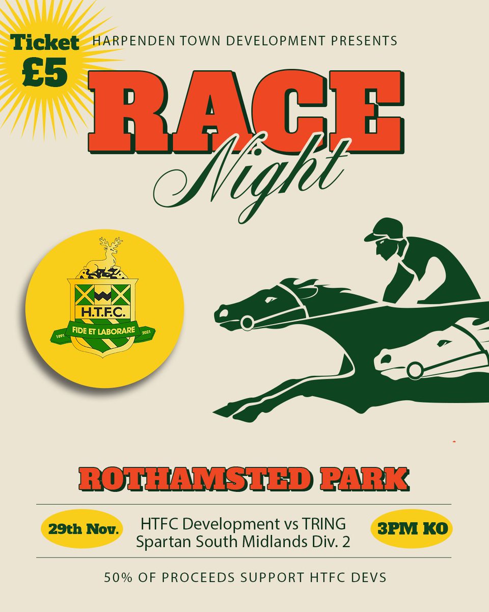 📆 Sat. 29th Nov. '25

Come &amp; support the lads as Harpenden's brightest young footballing talent take on Tring in the Spartan South Midlands Div 2

After the match, the club is hosting a horse race night, 50% of proceeds will go towards HTFC Devs

#nonleaguefootball #Harpenden