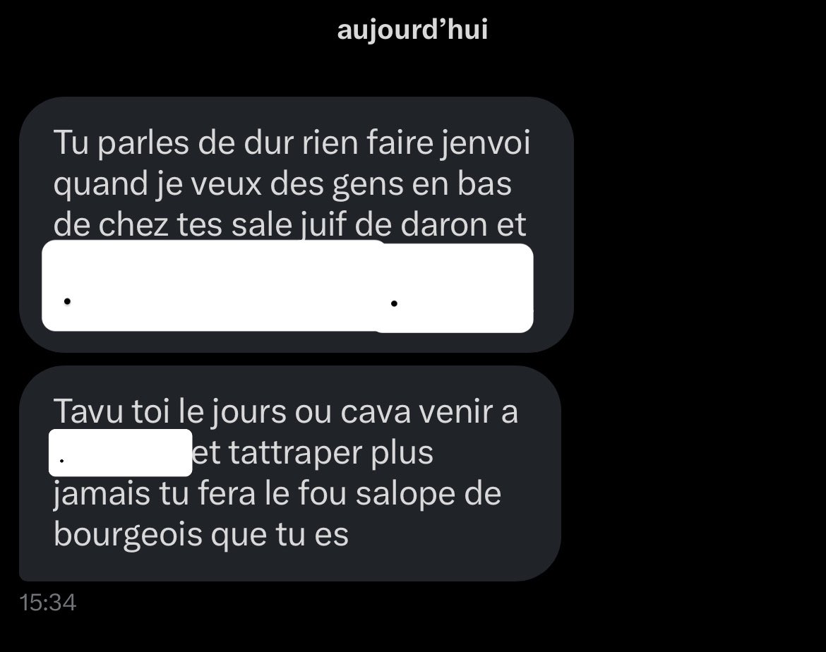 Ilangabet's tweet image. “J’envoie quand je veux en bas de chez tes sale juif de daron”

Voici la couleur des menaces que je reçois très régulièrement.

Ici un compte anonyme, créé en septembre 2025 évidemment, parce qu’ils sont en plus profondément lâche.