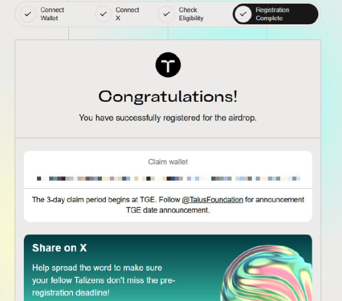 Check, đăng ký, KYC <a href="/TalusNetwork/">Talus 🐸</a> Airdrop!  

✅Link: launch.talus.foundation/flow

♻️Đủ điều kiện:  
→ Tally NFT holder: Nhóm lớn nhất, dựa trên snapshot ngày 17/11.

→ Community Hub (Mùa 1,2,3): Top 500 leaderboard, role Talizen trên Discord  

→ Sự kiện KBW: user tham