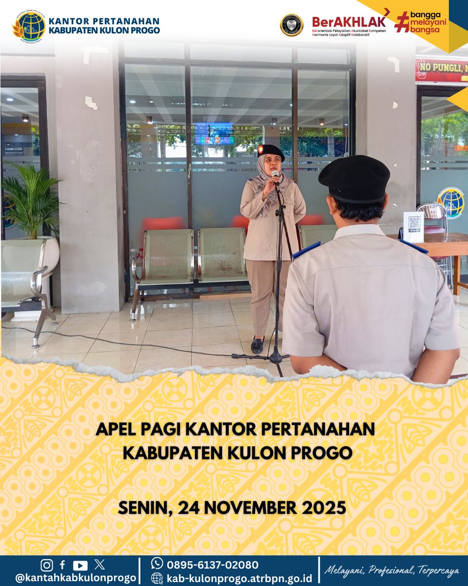 atr_bpnkprogo's tweet image. Hallo,  
#sobatATRBPNKulonProgo

Apel pagi Kantor pertanahan Kabupaten Kulon Progo dipimpin oleh Ibu Budi Rahayu, S.SiT., M.H. sebagai Kepala Seksi Pengendalian dan Penanganan Sengketa yang diikuti oleh seluruh pegawai Kantor Pertanahan Kabupaten Kulon Progo.
.
#ApelpagiKantahKP