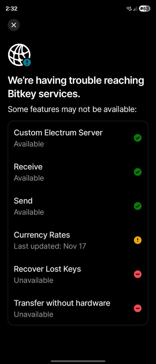 Hey <a href="/jack/">jack</a> @bitkey this isn't reassuring 😉. 
Sure, everything's down, but this should never happen, I think.