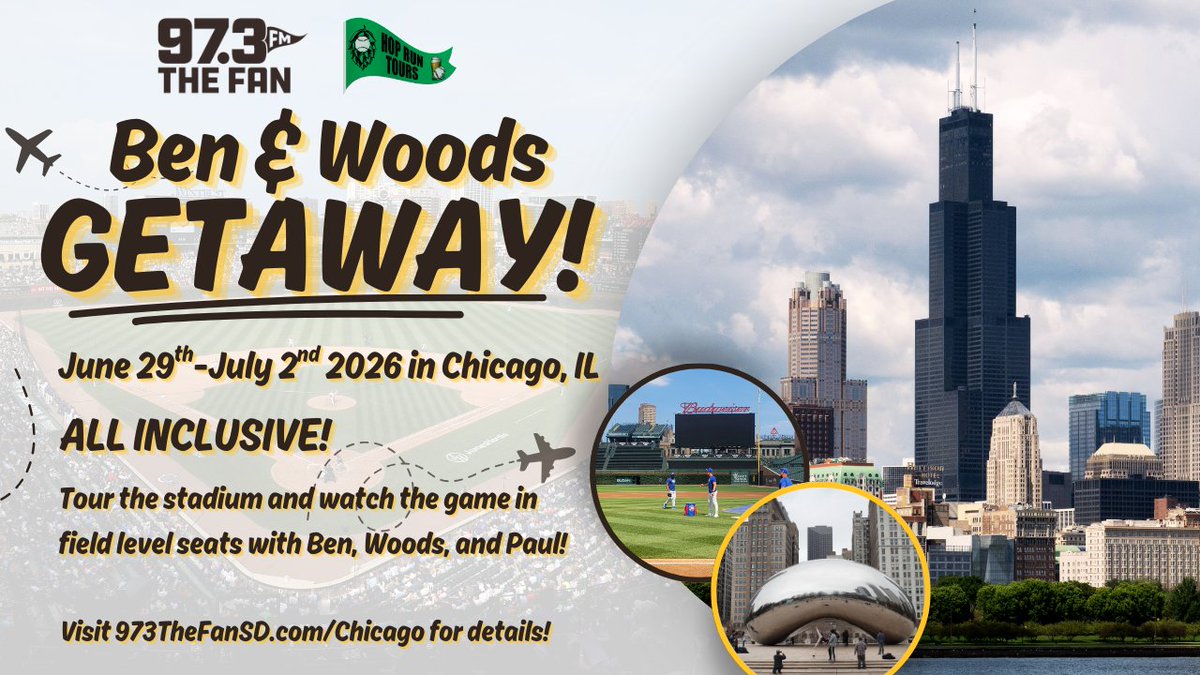 973TheFanSD's tweet image. Very excited to announce this 2026 getaway with @BenAndWoods!  Join the guys for an unforgettable, all-inclusive trip to Chicago June 29th through July 2nd where we'll watch some baseball, explore the city, and more!  

Visit audacy.com/973thefansd/ev… for all the details!