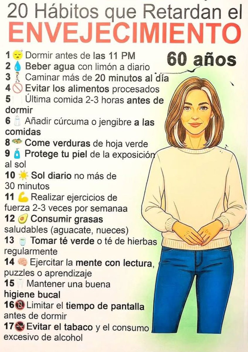 MemoriaHabil's tweet image. Todos queremos “vernos y sentirnos jóvenes”, pero la verdad es simple: no es cuestión de cremas milagrosas, sino de hábitos diarios que mantienen tus células vivas, fuertes y protegidas.
Aquí tienes las mejores costumbres para ralentizar el envejecimiento desde dentro.