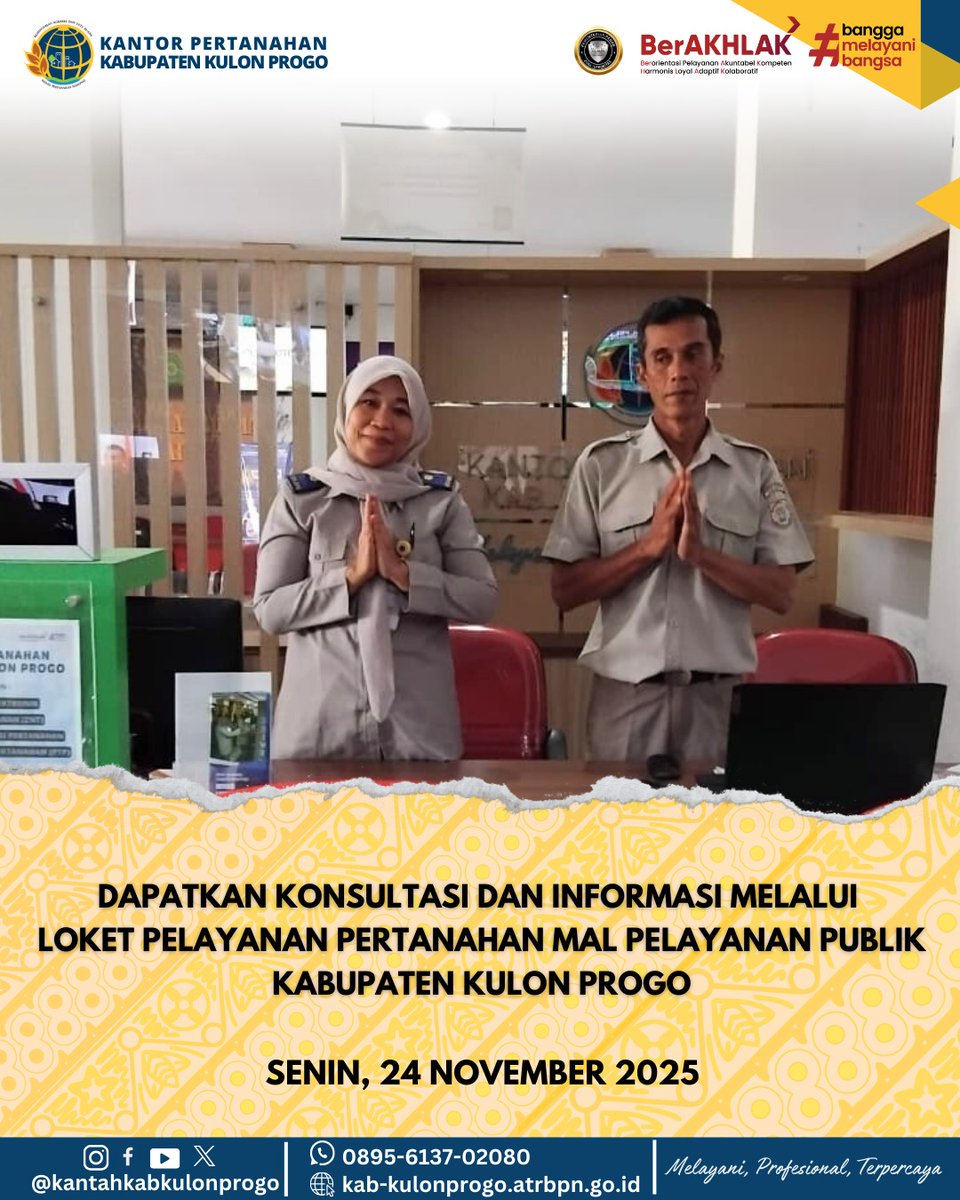 atr_bpnkprogo's tweet image. Hallo, #SobatATRBPNKulonProgo

Kami hadir lebih dekat untuk mempermudah pelayanan pertanahan bagi masyarakat! 🤝✨
Untuk memaksimalkan pelayanan bisa terjangkau oleh masyarakat, Kantor Pertanahan Kabupaten Kulon Progo buka kembali Mal Pelayanan Publik setiap Hari Senin dan Kamis.