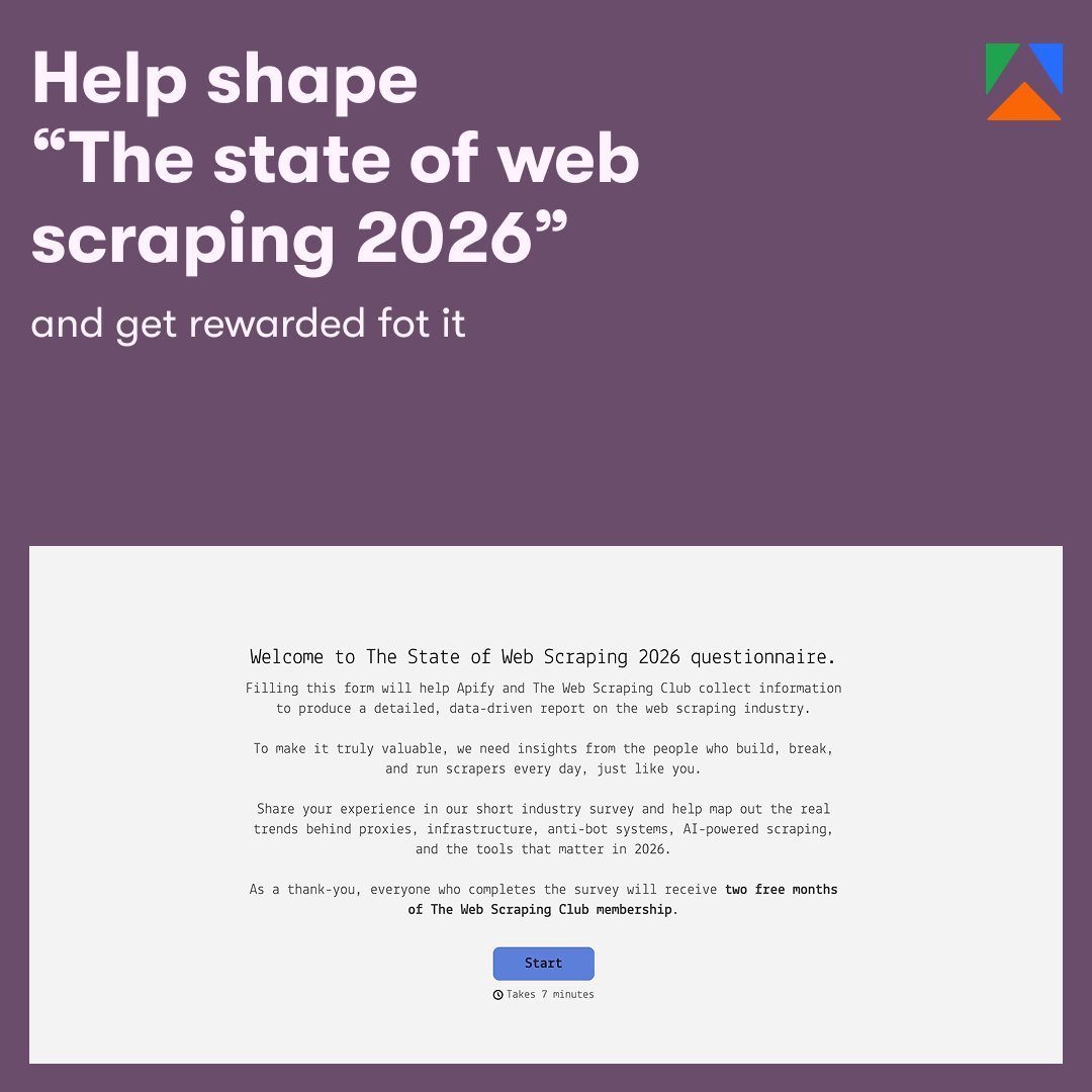 apify's tweet image. Apify and The Web Scraping Club are creating a data-driven report on the state of web scraping in 2026.

If you build, break, or run scrapers, we’d love your input.

Survey → apify.it/3LQ1ZYu

Get 2 months of @webscrapingclub membership for completing it.