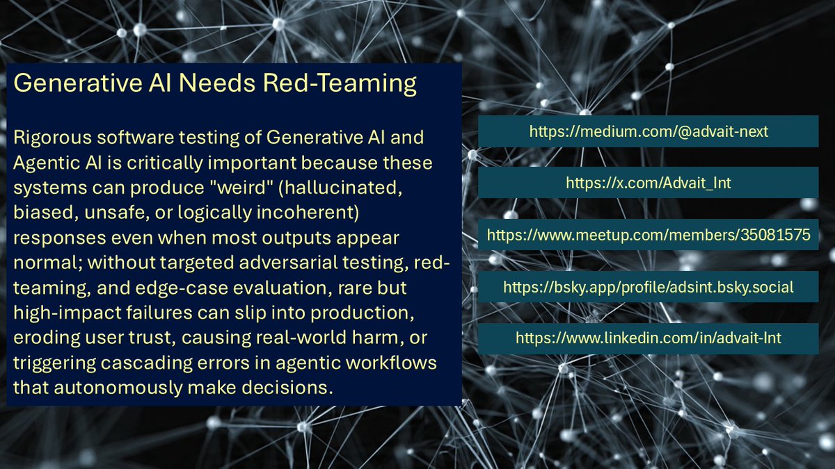 Advait_Int's tweet image. #AITesting #GenerativeAI #AgenticAI #AIHallucinations #RedTeaming #AdversarialTesting #AISafety #ResponsibleAI #EdgeCaseTesting #AIQualityAssurance