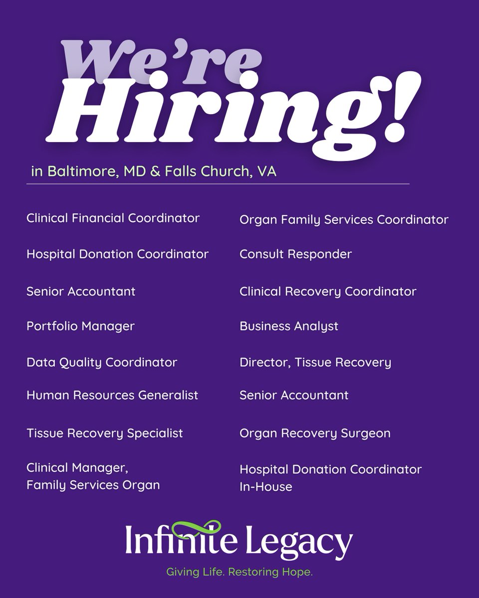 InfiniteLgcyOPO's tweet image. 🚨 We’re hiring! 🚨
 
We have several exciting roles open across our organization. Explore the full list and apply today at infinitelegacy.org/careers. 💙💚
 
#WorkWithUs #JoinOurTeam #OrganDonation #MakeADifference #InfiniteLegacyCareers