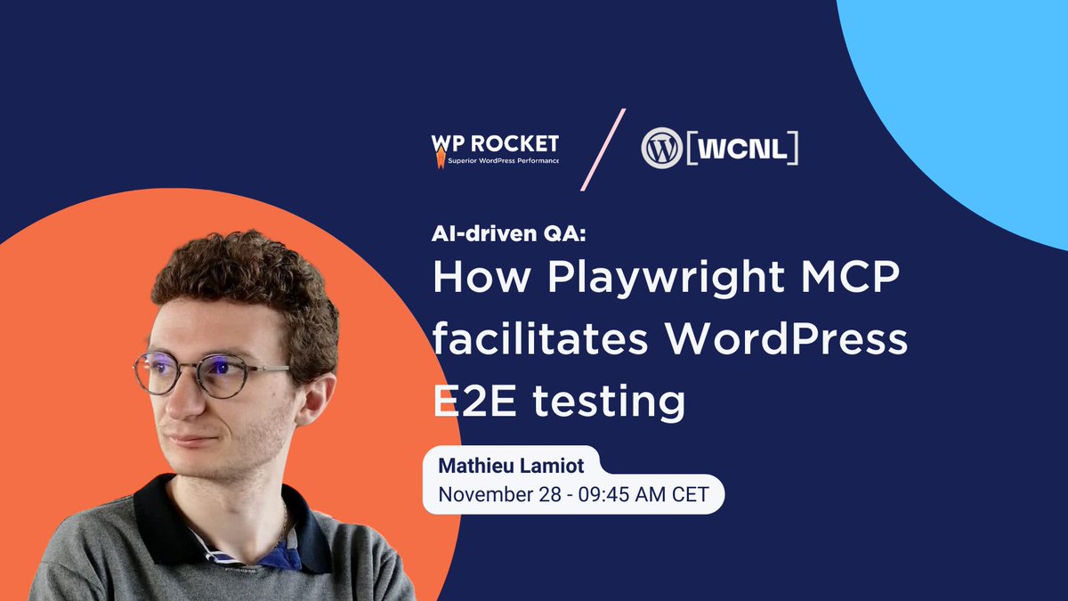 wp_rocket's tweet image. New week, new date to mark!
In just a few days, we&apos;ll be heading to The Hague to attend and speak at WordCamp Nederlands 2025 🇳🇱

Don&apos;t miss our talk &quot;AI-driven QA: How Playwright MCP facilitates WordPress E2E testing&quot;, hosted by our VP Engineering Mathieu!

Drawing from months…