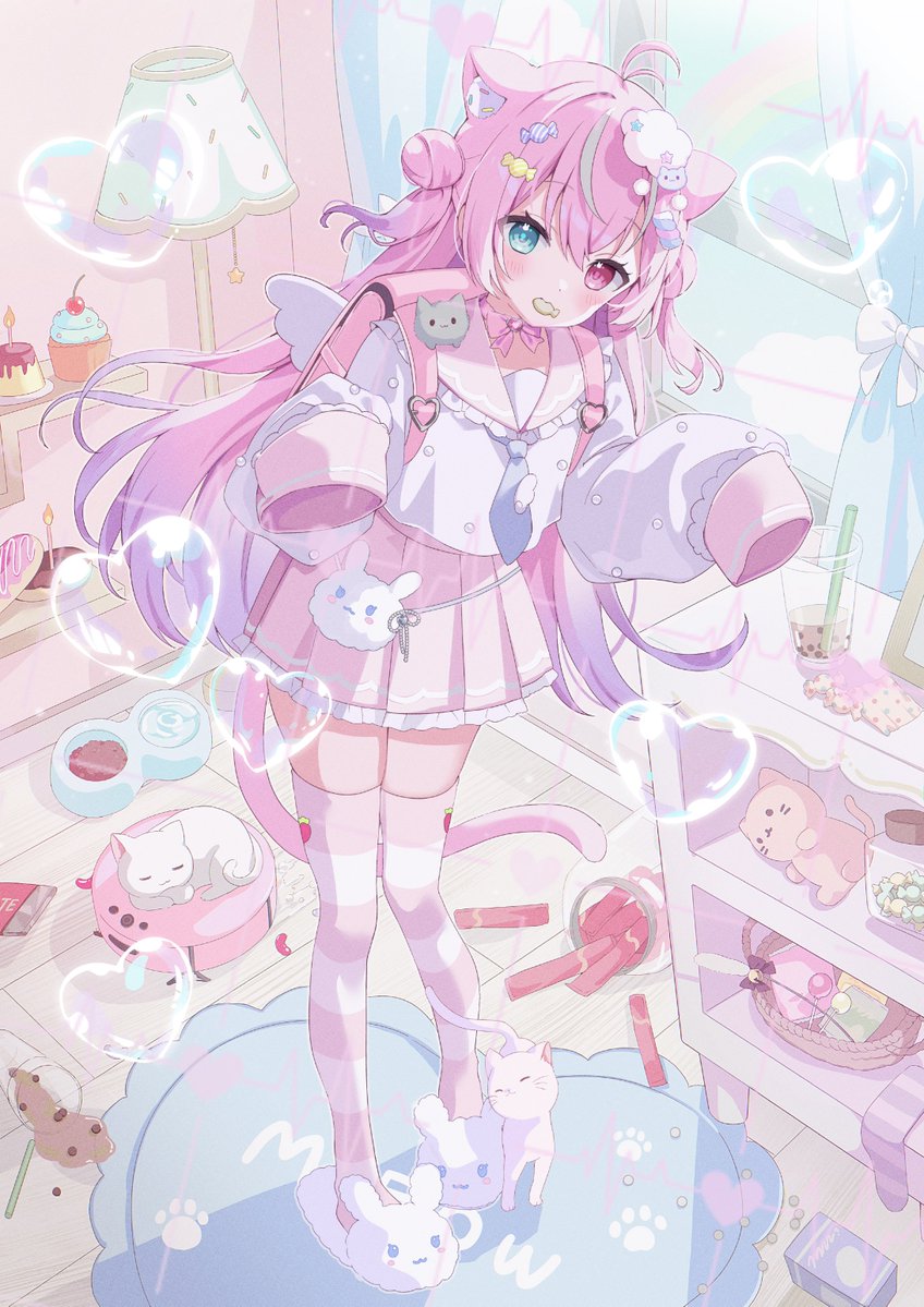 #1枚絵公開 
♡┈┈┈♡┈┈┈♡┈┈┈♡┈┈┈♡
「あめのお部屋に遊びに来てくれたの？……ちょっと散らかってるけど……一緒にクッキー食べていっぱい撫でてほしいな💕🍪」
♡┈┈┈♡┈┈┈♡┈┈┈♡┈┈┈♡