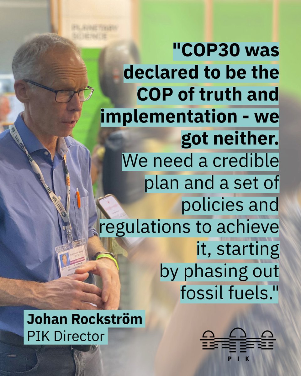 PIK_Climate's tweet image. “COP30 was meant to be the COP of ‘Truth and Implementation’ - this failed&quot;, says PIK Director @jrockstrom. &quot;We don’t need more negotiations; we need implementation. Within 5–10 years we will breach 1.5°C, entering dangerous terrain for billions.”
pik-potsdam.de/en/news/latest…