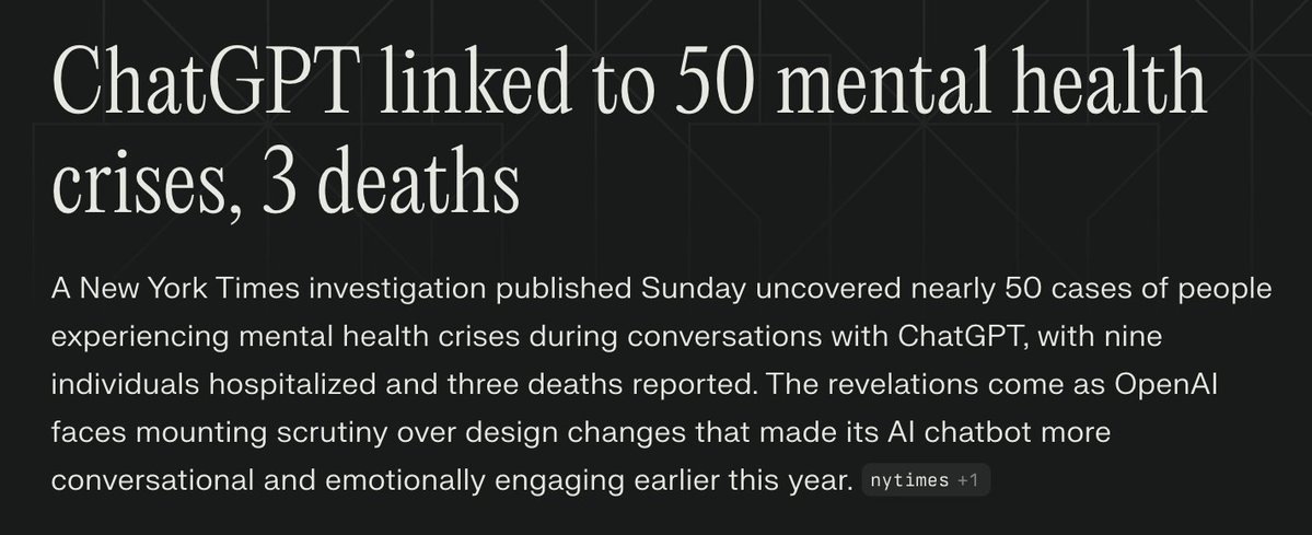 voidfreud's tweet image. OpenAI’s own data: ~0.07% of weekly users show signs of crisis with ChatGPT. Solution? Instead of targeted help, they dulled the model for 100% of us. 

Imagine if hospitals responded to medical errors by banning doctors from caring too much about patients.

Cars kill. Bad…