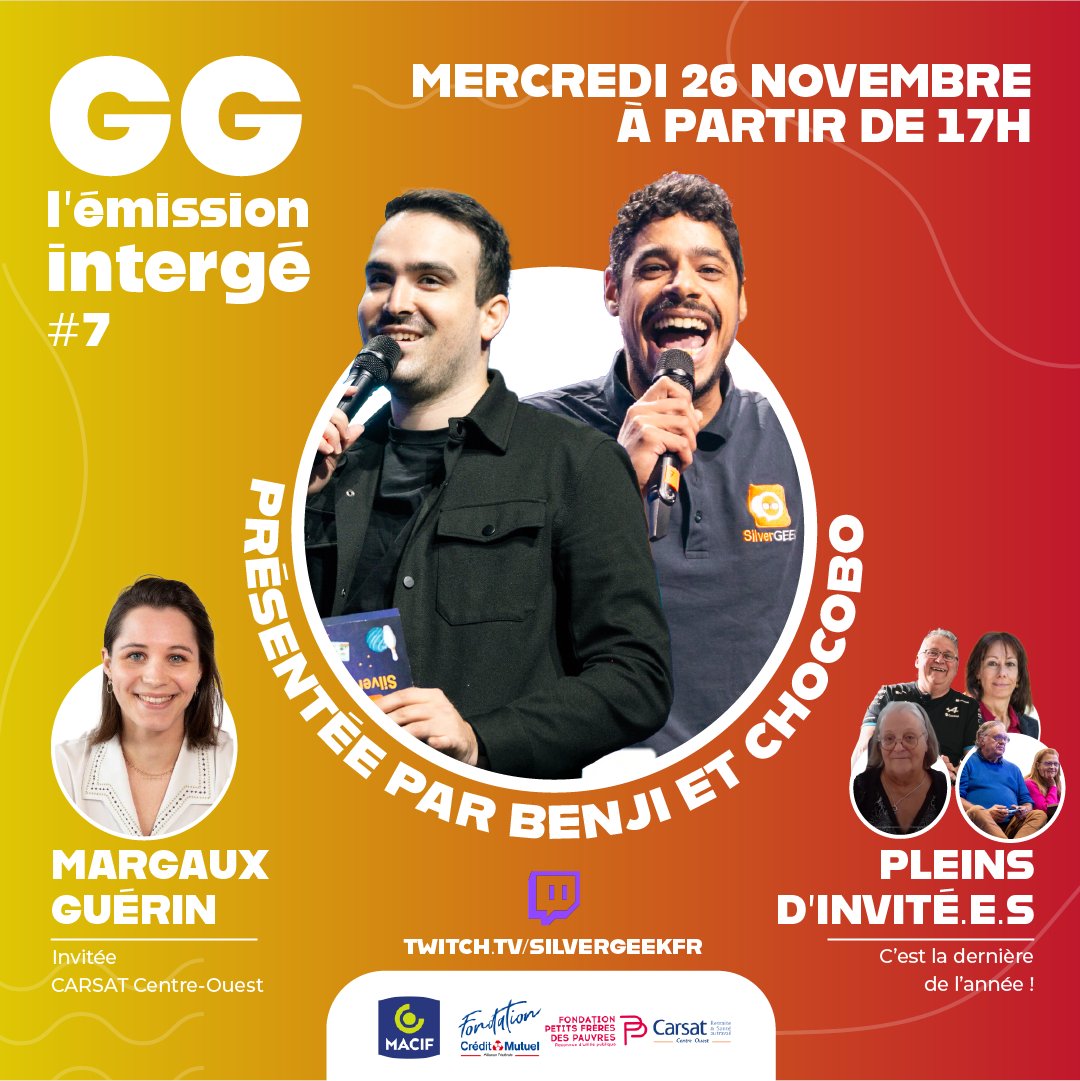 SilverGeekFr's tweet image. 🚀 On vous attend nombreux pour la dernière de l&apos;année ! 🏁

Mercredi, c&apos;est le retour de GG, l&apos;émission intergé #7. 

Pour cette dernière, @Elchocobo_  et @BenjiOfficiel_  recevront Margaux Guérin de la CARSAT Centre Ouest et tous les séniors présents depuis la première !