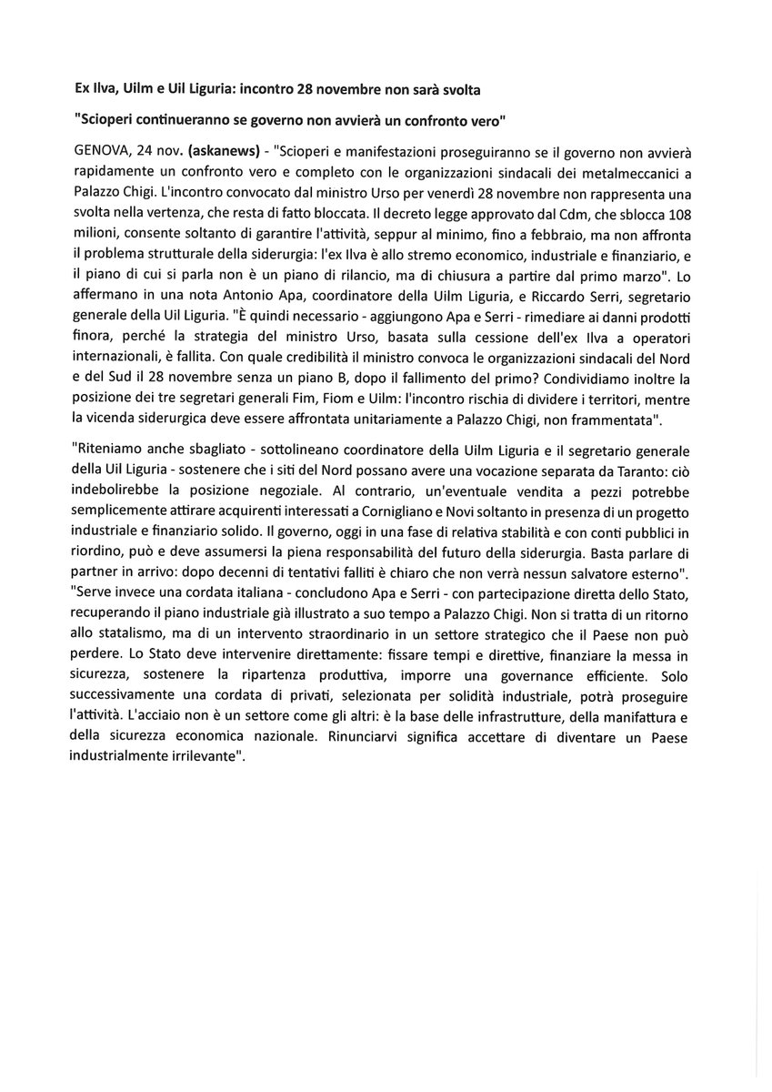 Ex Ilva, Uilm e Uil Liguria: incontro 28 novembre non sarà svolta -  "Scioperi continueranno se governo non avvierà un confronto vero" - da ASKANEWS