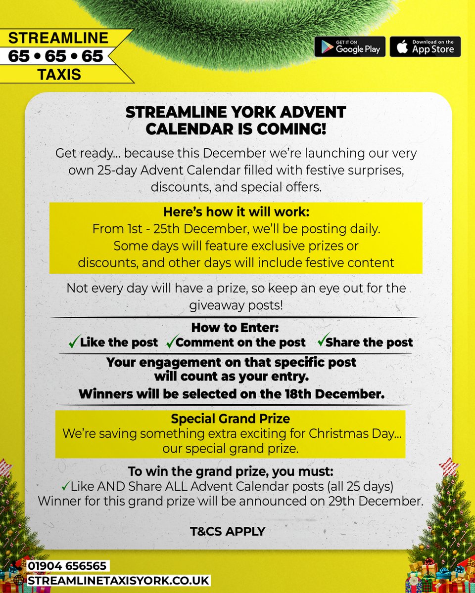 Make sure you’re following us so you don’t miss Day 1 😊

The countdown is almost here!

📲 Download our app onelink.to/v7779w
📞 01904 656565
🌐 streamlinetaxisyork.co.uk