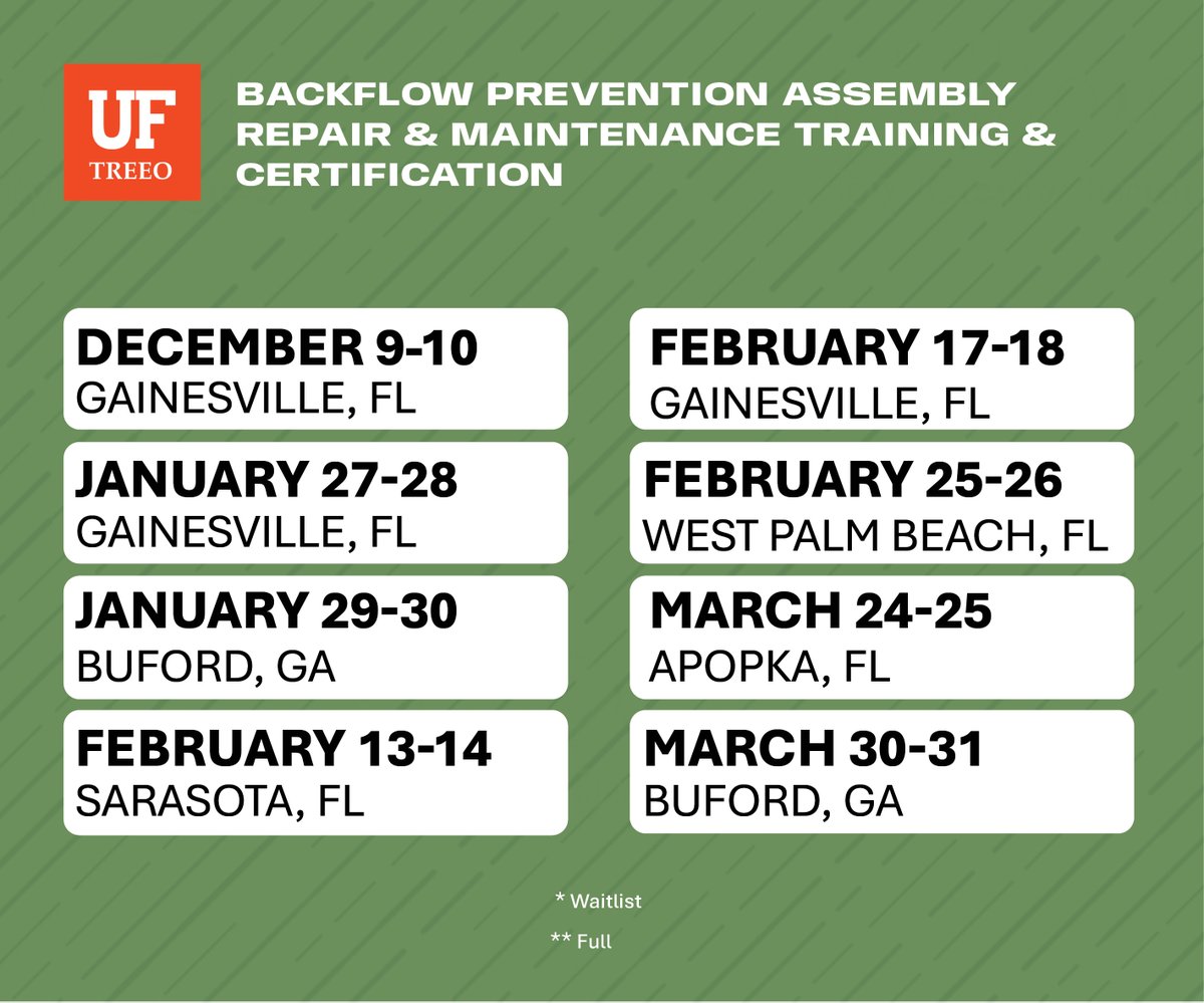 TreeoCenter's tweet image. Looking to sharpen your skills in backflow prevention? Our Backflow Repair course gives you hands-on training to diagnose issues, perform repairs, and keep systems functioning safely and efficiently.
Enroll today and advance your expertise! go.ufl.edu/ivwxpce