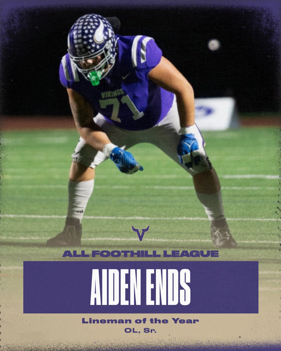 VHSVikingsFB's tweet photo. Congratulations to Aiden Ends on being selected as the Foothill League Lineman of the Year. Aiden was a dominating force in the trenches, lead the team in pancake blocks, and paved the way to another league title! His leadership was critical in our teams success.

#VikingDNA https://t.co/EFEo9jdpM4