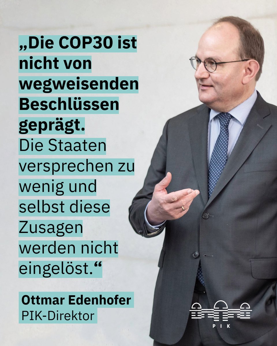 PIK_Klima's tweet image. „Weg von großen Erklärungen, hin zu umsetzbaren Projekten&quot;, so PIK-Direktor #Edenhofer zur #COP30 Abschlusserklärung. &quot;Wir brauchen Treffen, auf denen konkrete Vorhaben beschlossen und ihre Wirkung überprüft wird, statt diplomatische Formeln auszuhandeln.“
pik-potsdam.de/de/aktuelles/n…