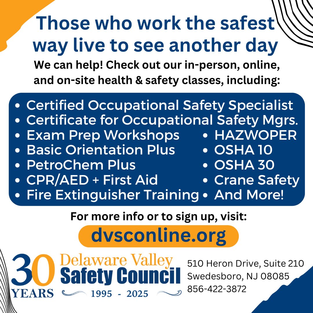 DvscAdmn's tweet image. Check out all our in-person, online, and on-site health and safety classes:
dvsconline.org

Delaware Valley Safety Council

#COSS  #COSM 
#CPR  #BOP 
#HAZWOPER 
#OSHA10  #OSHA30 
#PetroChemPlus 
#FireExtinguisherTraining