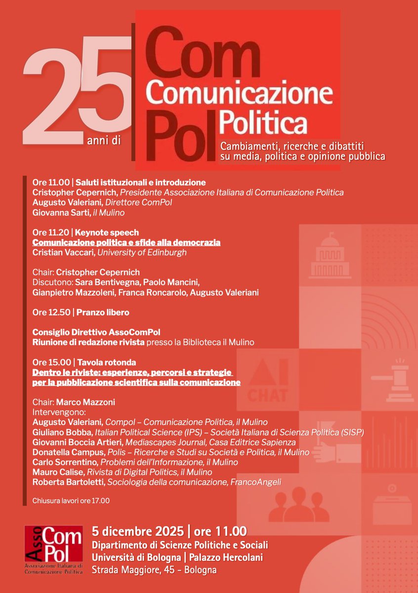 Con grande piacere, vi segnaliamo un importante evento per la nostra comunità!

➡️Ven. 5/12 si terrà “25 anni di <a href="/ComPolJournal/">ComPol</a>. Cambiamenti, ricerche e dibattiti su media, politica e opinione pubblica”.

🏢Palazzo Hercolani, Università di Bologna, Strada Maggiore 45.