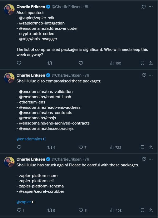 Multiple crypto packages, Zapier, ENS domains  etc compromised by worm attack stealing credentials and possibly wallet keys.  

haven't seen many ppl post this yet, stay safe.

h/t <a href="/CharlieEriksen/">Charlie Eriksen</a>
