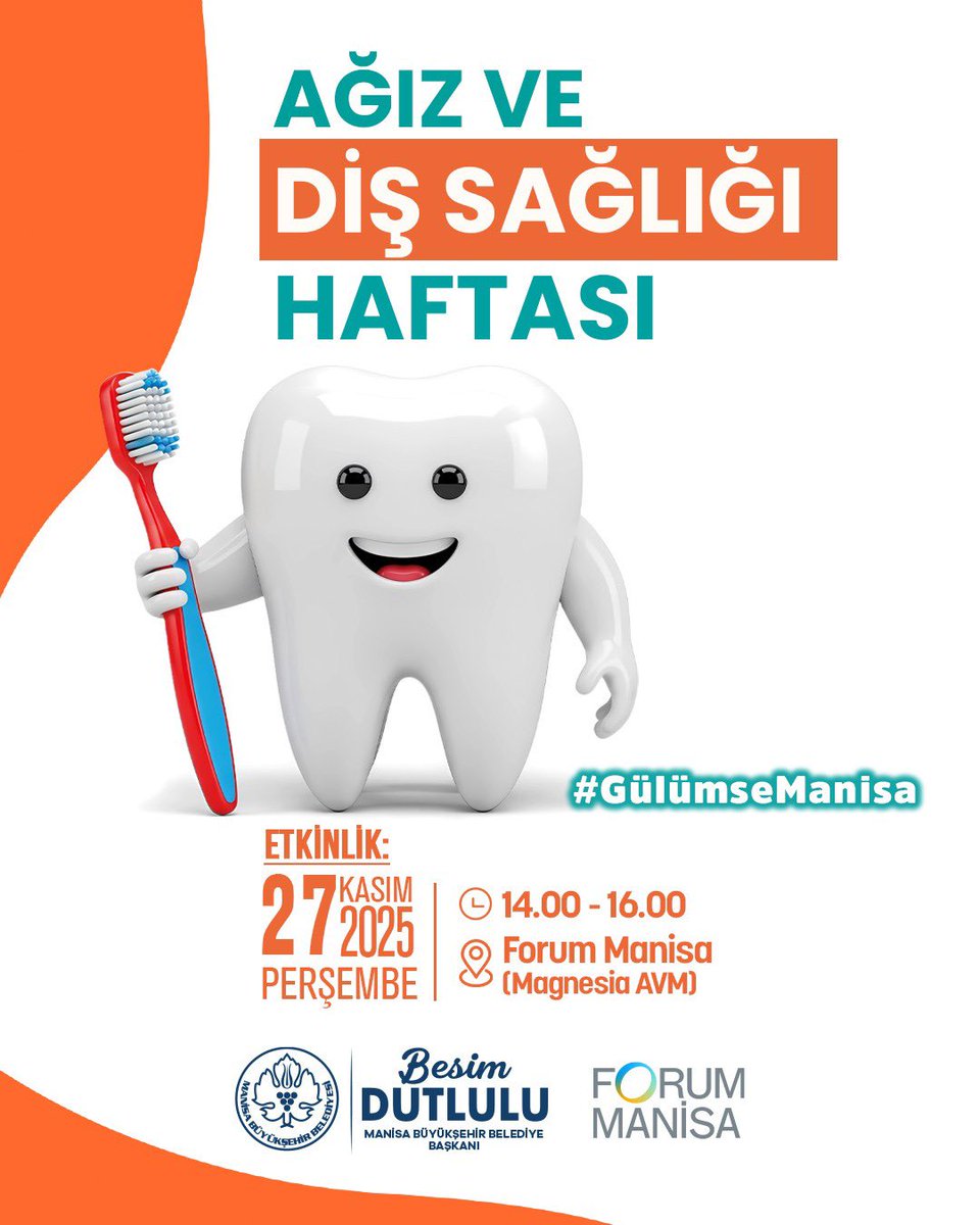 manisabsb's tweet image. Sağlık ağızda başlar!

Ağız ve Diş Sağlığı Haftası’nda; ücretsiz diş kontrolü gerçekleştiriyor, düzenlediğimiz etkinliklerle çocuklarımıza ağız ve diş sağlığının önemini anlatıyoruz. 

Tüm halkımızı bu farkındalığa davet ediyoruz.

🗓️ 27 Kasım 2025 Perşembe 
🕑 14.00-16.00
📍…