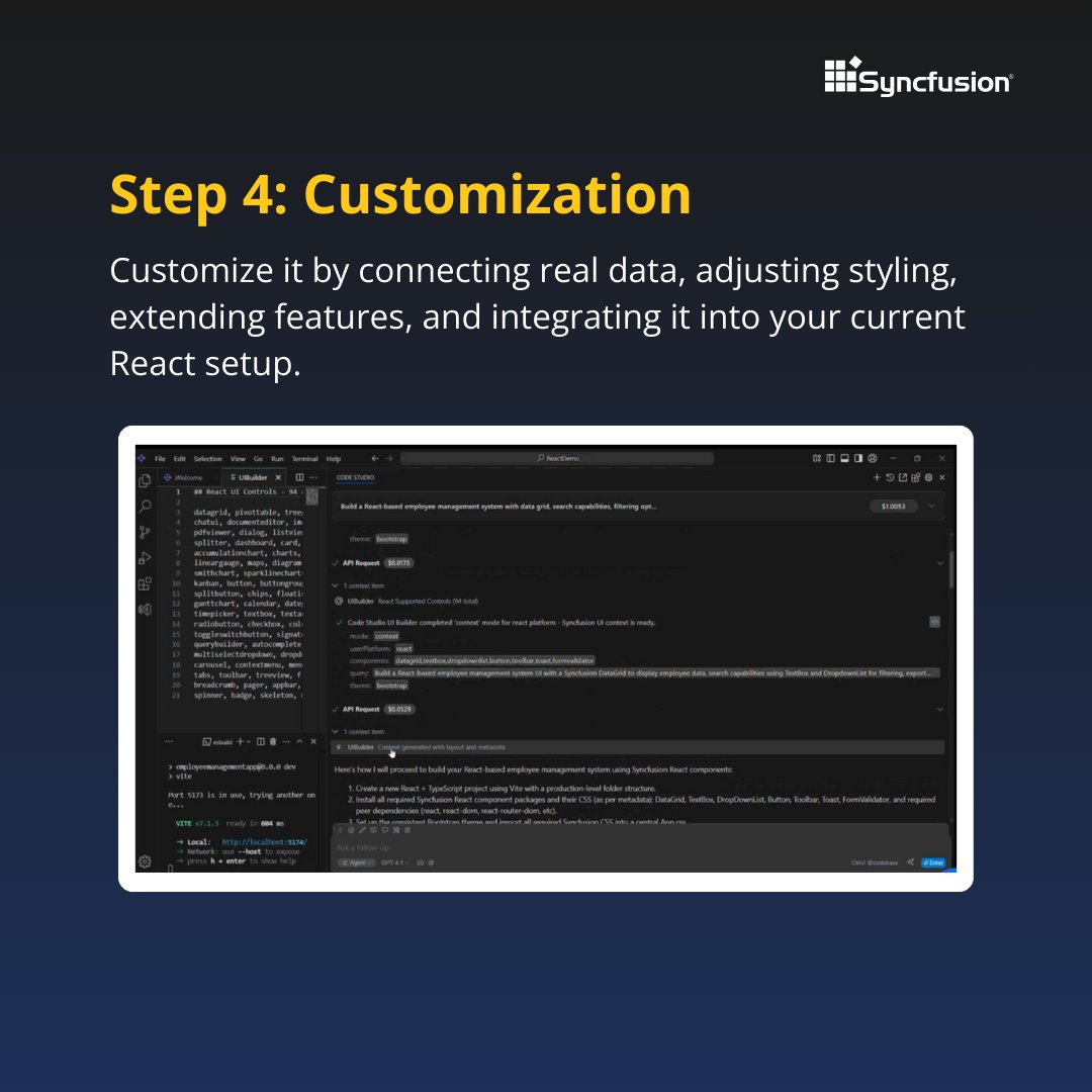 Syncfusion's tweet image. Step 4: Customization
Extend features, plug in real data, adjust styles, or integrate with your existing app.
Code Studio gives you a solid foundation — tailoring it to your needs.
➡️ Final Slide Below 👇
#CodeStudio #UIBuilder
(5/6)