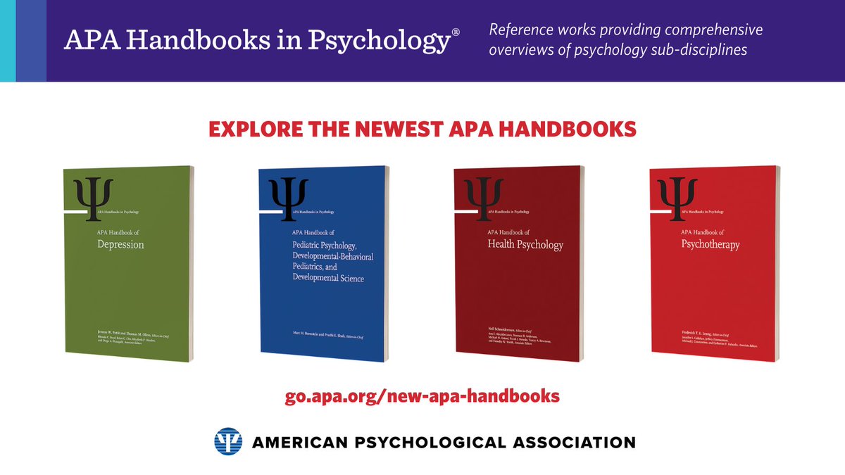 APA_Databases's tweet image. Looking for more digital resources focused on the fundamentals? APA Handbooks in #Psychology have you covered. Preview the latest releases on #depression, #developmentalpsyc, and other essential topics here and request pricing for your library: bit.ly/3TwpOoT