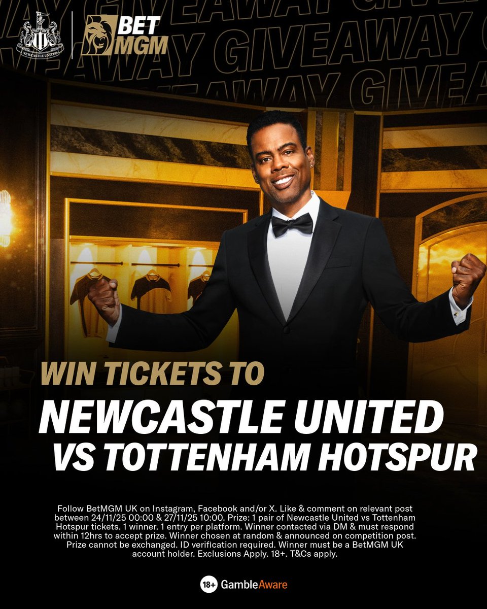 BetMGMUK's tweet image. BetMGM has one pair of tickets to Newcastle vs Tottenham Hotspur 🎫

How to Enter:
🤝 𝗙𝗢𝗟𝗟𝗢𝗪 @BetMGMUK 
🖤 𝗟𝗜𝗞𝗘 this post
💬 𝗖𝗢𝗠𝗠𝗘𝗡𝗧 #BetMGMDerby

18+. Winners notified 27th November.

T&amp;amp;Cs: betmgm.uk/4fzPbzC

#NUFC