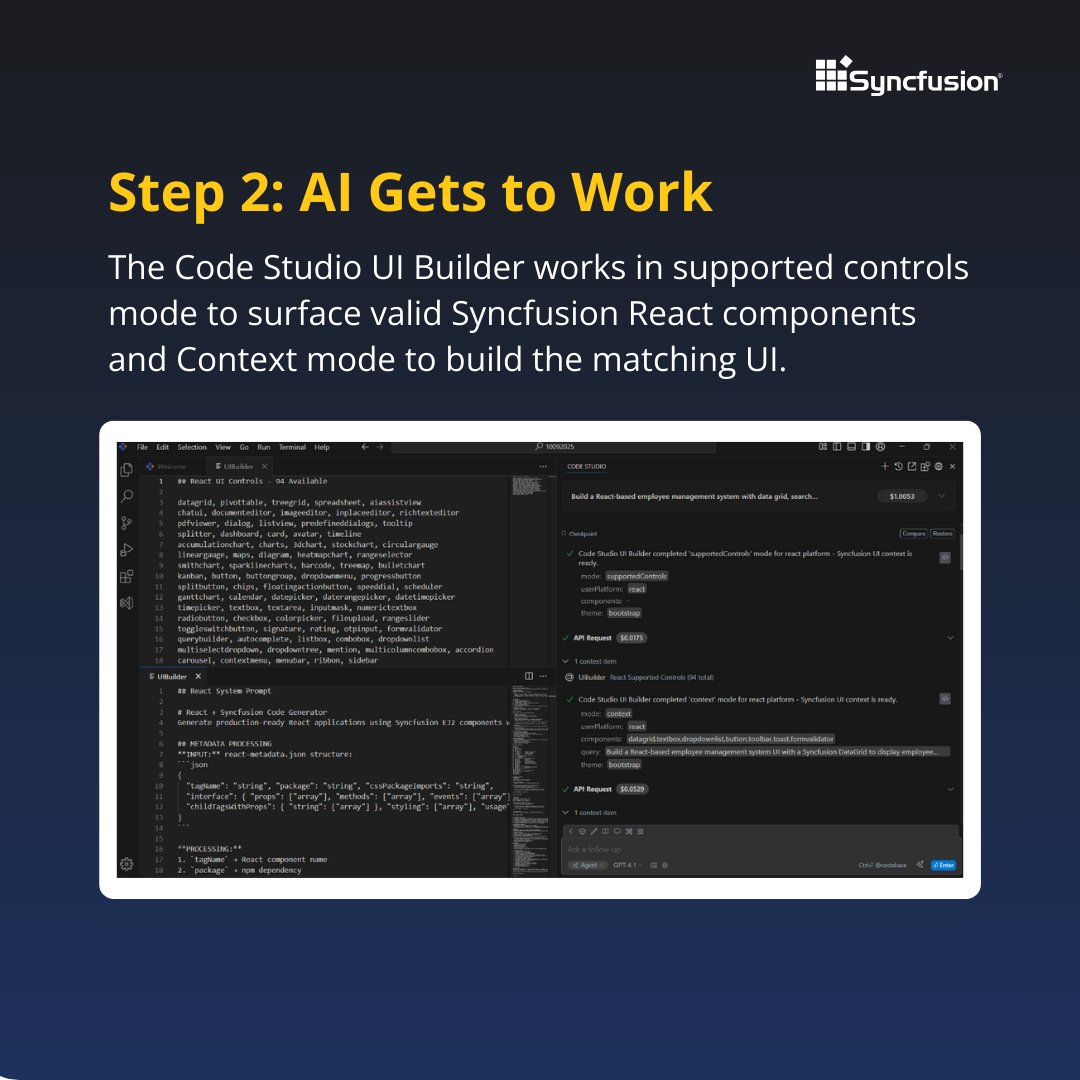 Syncfusion's tweet image. Step 2: AI Gets to Work
The UI Builder analyzes your request, shows valid Syncfusion React components, and assembles the layout and logic using supported controls + context modes.
➡️ Next: Code Output
#React #DataGrid
(3/6)