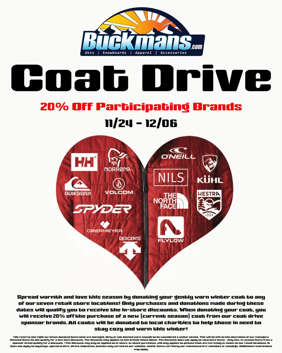 Buckman's Annual Coat is happening now!

Spread warmth and love this season by donating your gently worn winter coat to any of our seven retail store locations!

Additional Information
buckmans.com/buckmans-ski-s…

#Buckmans #CoatDrive #HappyThanksgiving