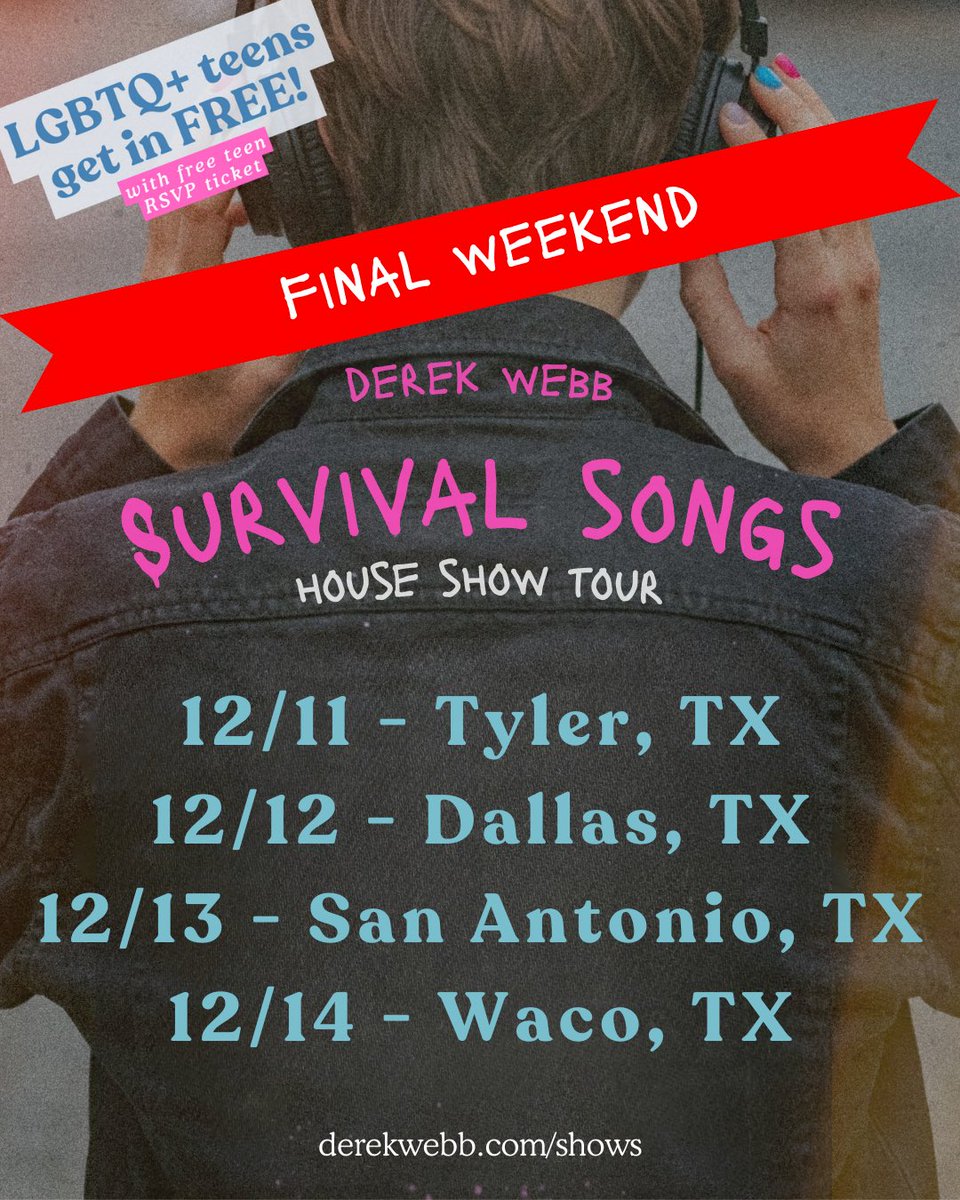 this is the final weekend of the survival songs tour — four nights across texas.
tyler • dallas • san antonio • waco.

i’ll be playing the whole album front-to-back, sharing stories, and holding space for folks who need these songs.

tickets + info: derekwebb.com/shows