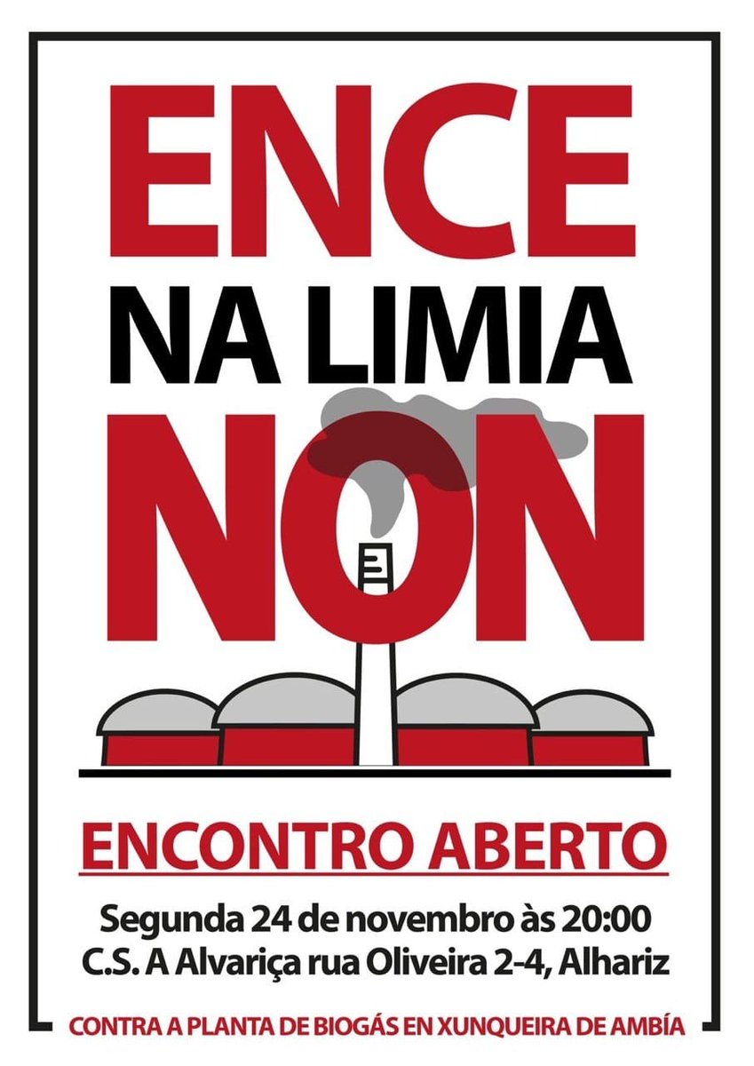 🏭☢️"Ence na Limia non"
Encontro aberto para artellar o traballo de visibilización da ameaza que supón o proxecto da planta de biogás da Ence en Xunqueira de Ambia.

🗓️Hoxe, luns 24 de outubro
🕗20:00 horas
📍Centro Social A Alvariça, Rúa Oliveira 2-4, #Allariz

#ALimia #Ourense