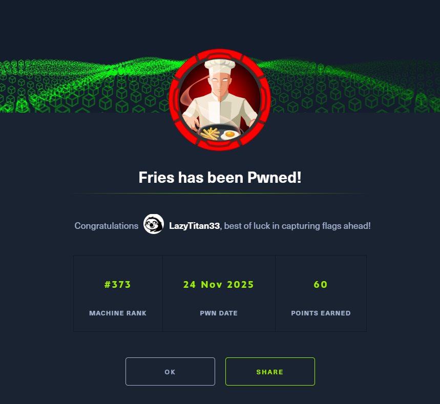 LazyTitan33's tweet image. I just pwned Fries on @hackthebox_eu! This is a solid headscratcher of a &quot;lab&quot; made by @_kavigihan and @ruycr4ft. It allows you to sharpen your skills on a variety of subjects, lots to learn and w/ an opportunity to improve some tooling.  #HackTheBox #htb #CyberSecurity