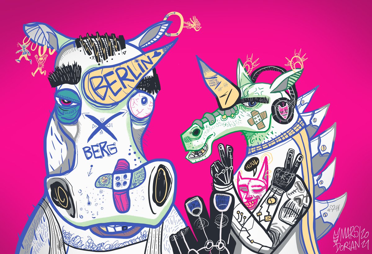 Artists show your most popular work.

Mine is: Unicorns / Berghainis (party people who go to Berghain)

I've sold it as  a digital collectible and a couple of premium print versions. It's very popular in Berlin perhaps due to its Berlin-flavor and shrillness.