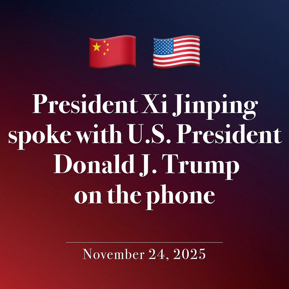 President Xi Jinping spoke with U.S. President Donald J. Trump on the phone.

President Xi noted that since the Busan meeting, the China-U.S. relationship has generally maintained a steady and positive trajectory, and this is welcomed by the two countries and the broader